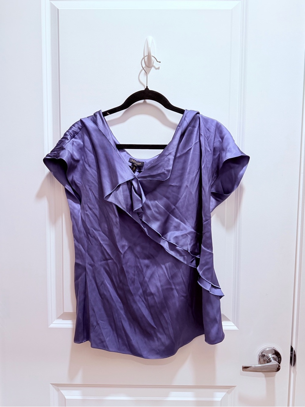 Escada Slate Blue 100% Silk Ruffle V-Neck Blouse
